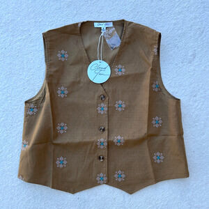 Cloud Ten V-Neck Embroidered Floral Vest Blouse Women's Size M Brown - NWT